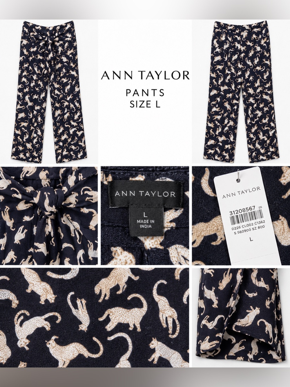 Ann Taylor Cat Print Tie Waist Wide Leg Pants Large NWT 🐈 🐈⬛
